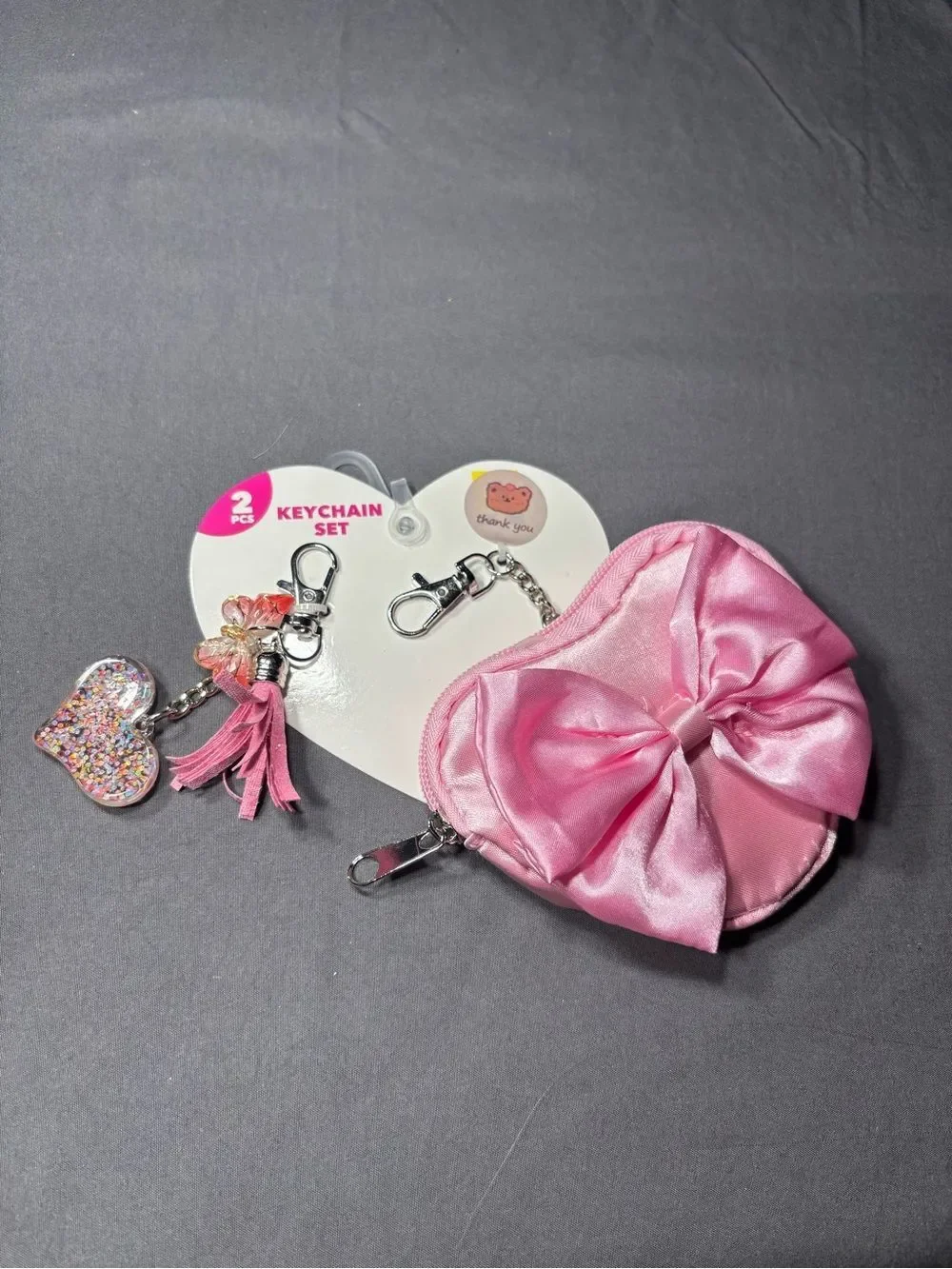 New Pink Bow Heart Coin Purse & Keychain Set of 2